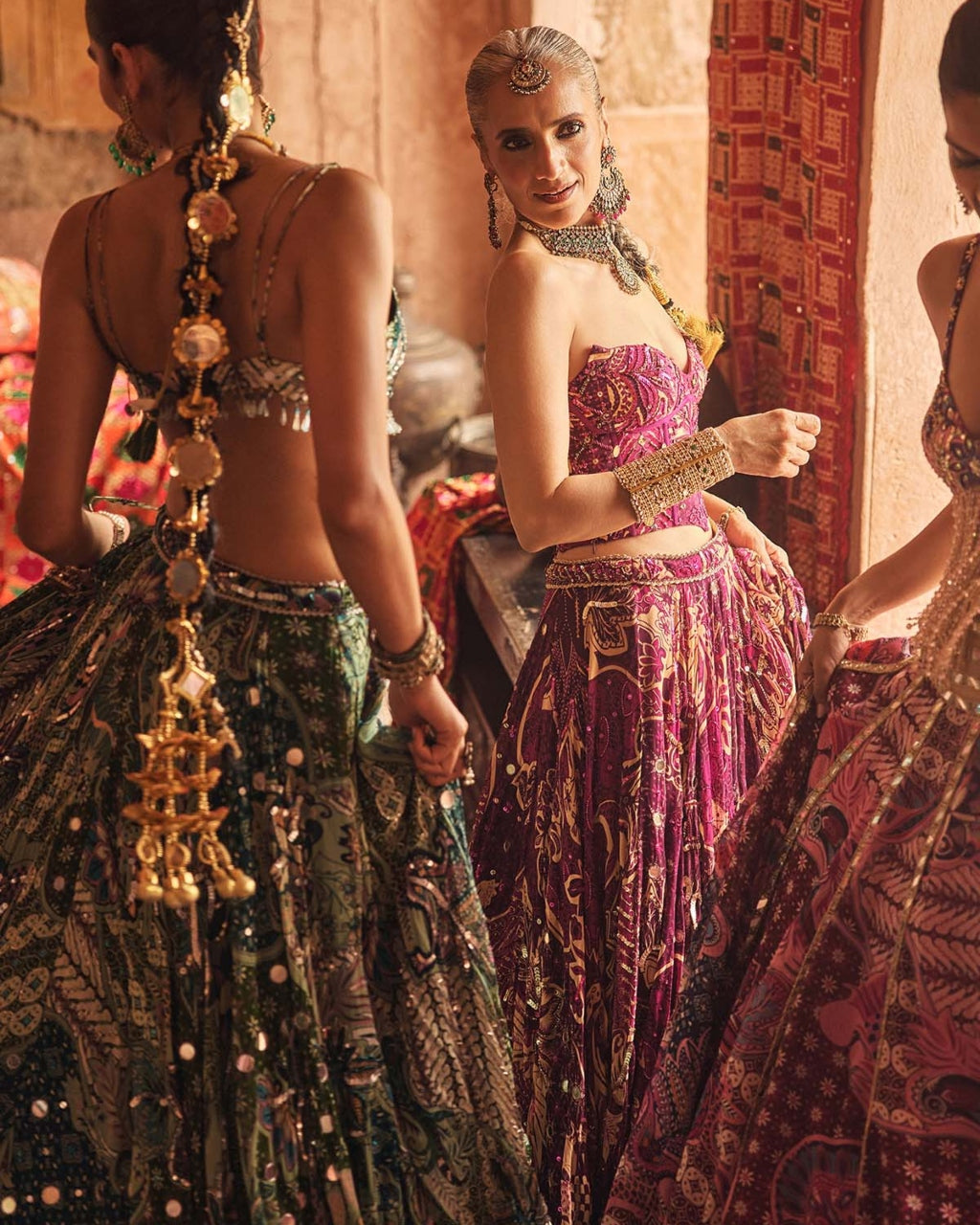 Green Floral Blouse With Statement Highlighted Lehenga Set