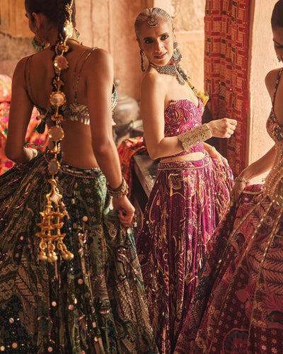 Green Floral Blouse With Statement Highlighted Lehenga Set