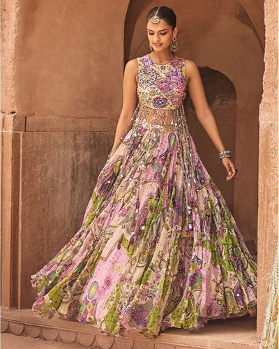 Bubblegum Mosaic Yoke Blouse With Long Tassels & Highlighted Lehenga Set