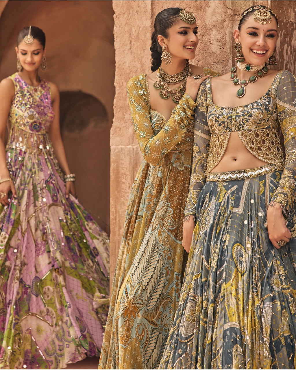 Bubblegum Mosaic Yoke Blouse With Long Tassels & Highlighted Lehenga Set
