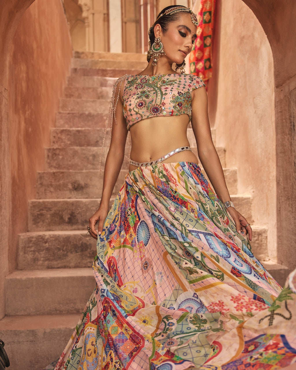 Blush Pink Mosaic Asymmetric Blouse With Tassels & Printed Skirt Set