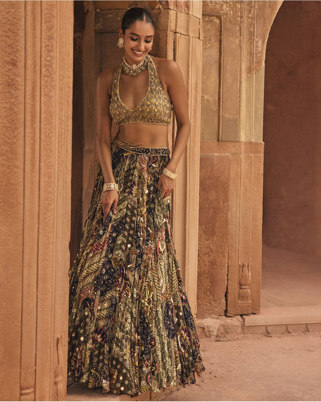 Grey & Yellow Embroidered Blouse With Highlighted Lehenga Set