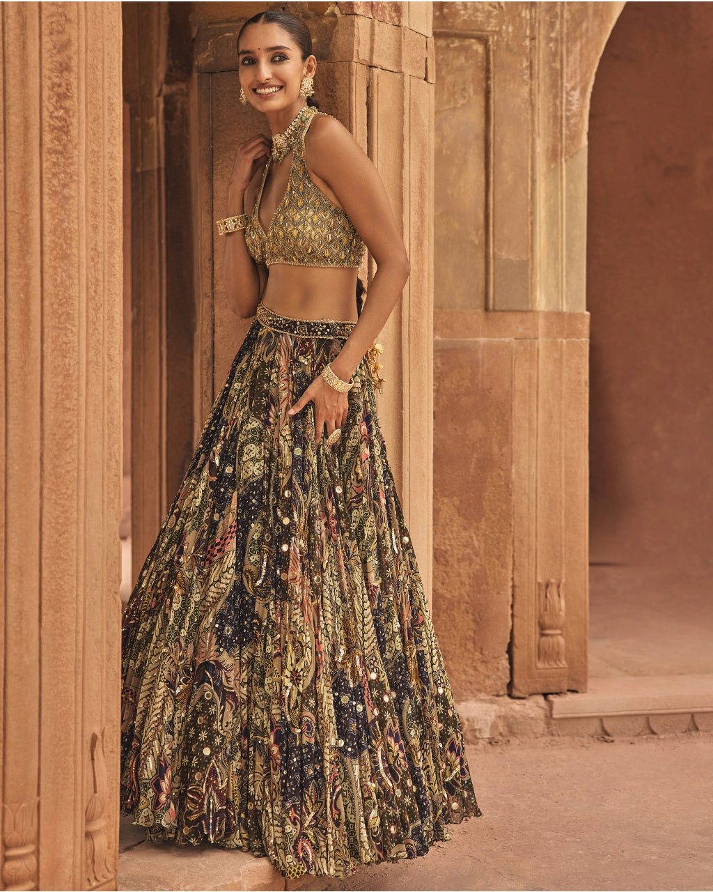 Grey & Yellow Embroidered Blouse With Highlighted Lehenga Set