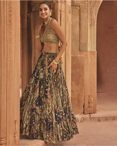 Grey & Yellow Embroidered Blouse With Highlighted Lehenga Set