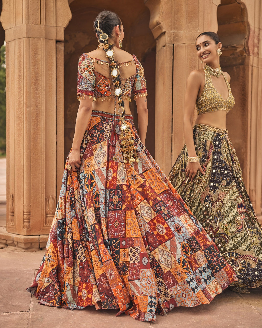 Grey & Yellow Embroidered Blouse With Highlighted Lehenga Set
