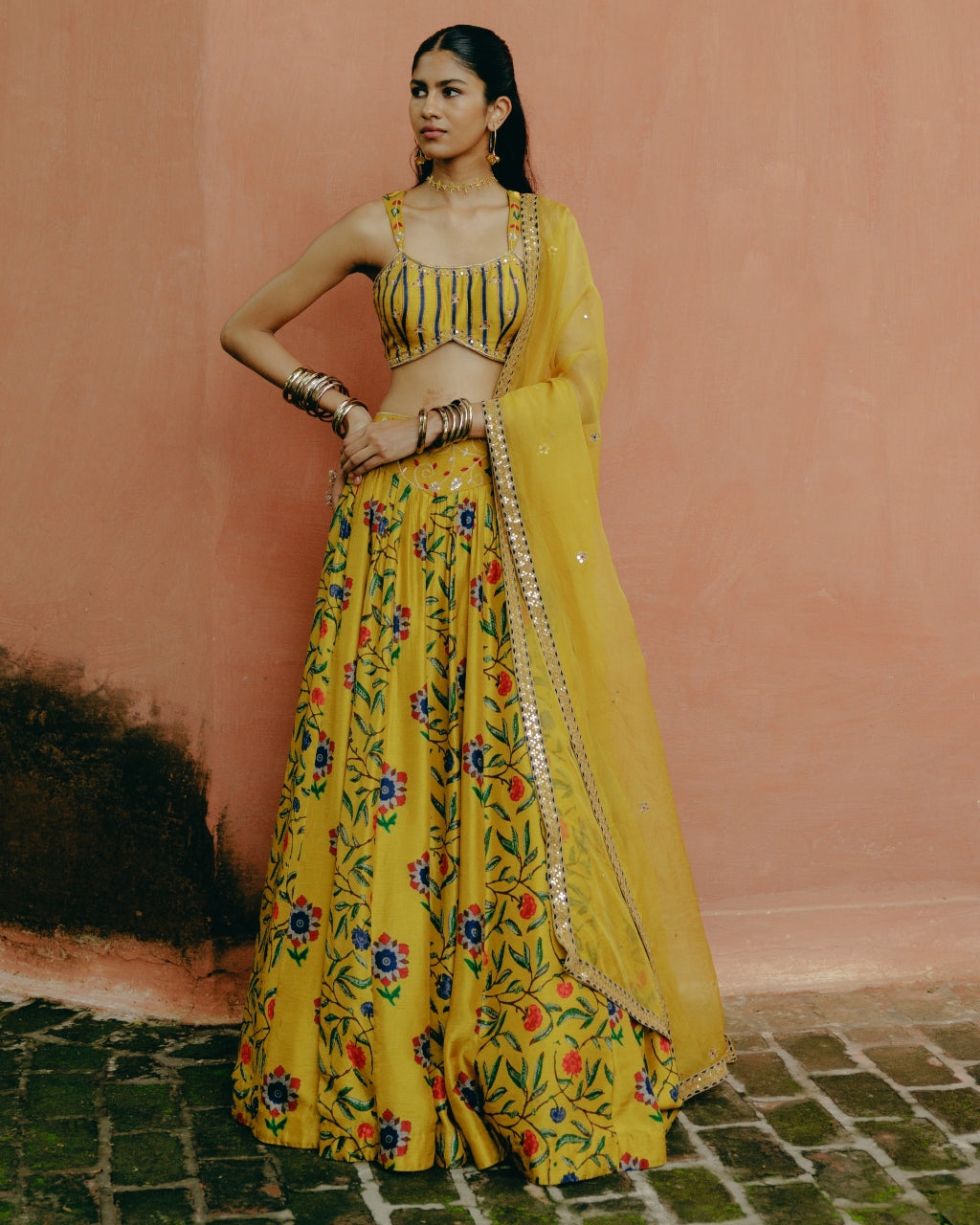 Yellow Mix Print Lehenga Set