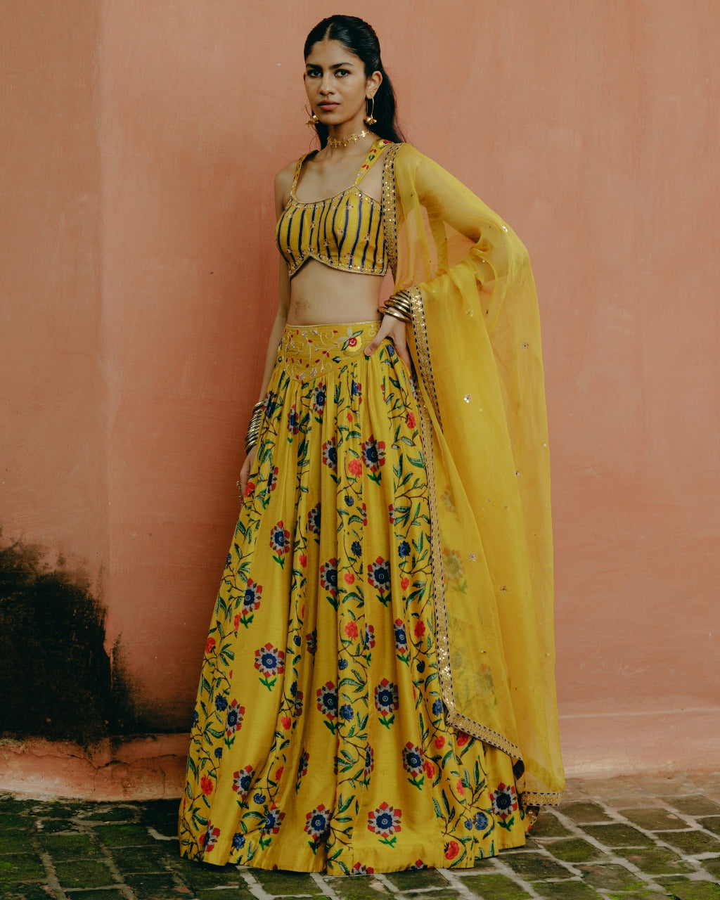 Yellow Mix Print Lehenga Set