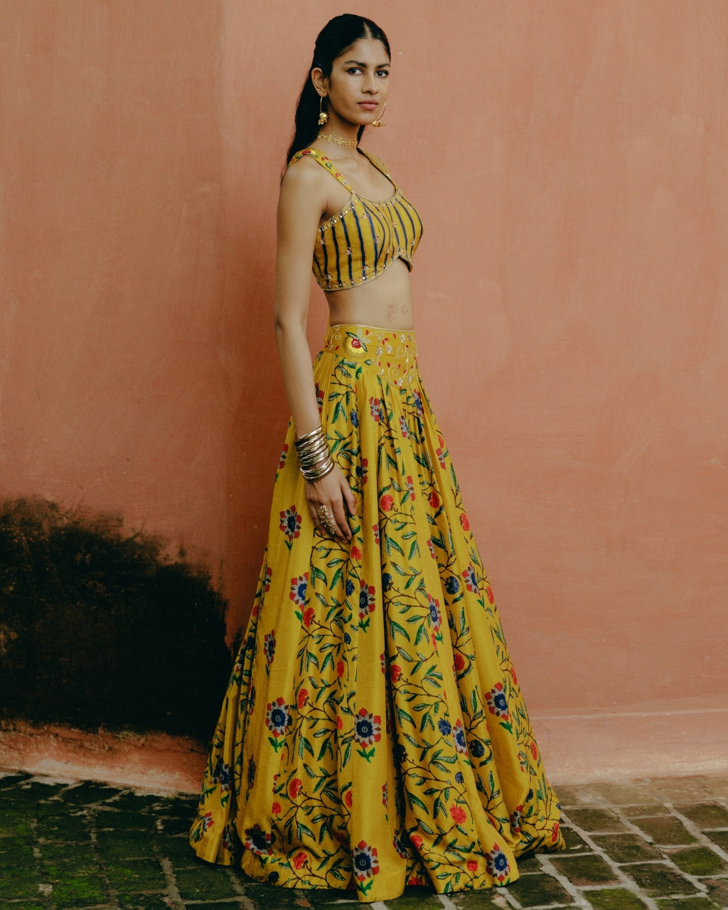 Yellow Mix Print Lehenga Set