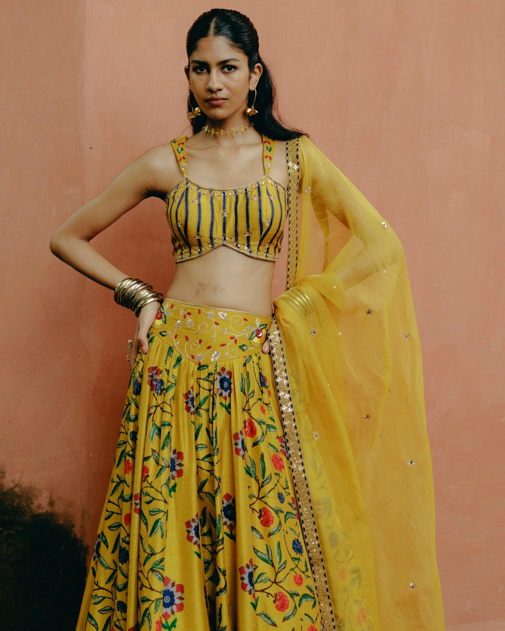 Yellow Mix Print Lehenga Set