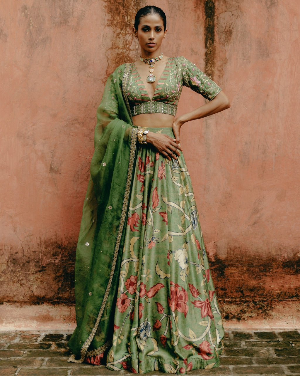 Green Printed Gathered Lehenga Set