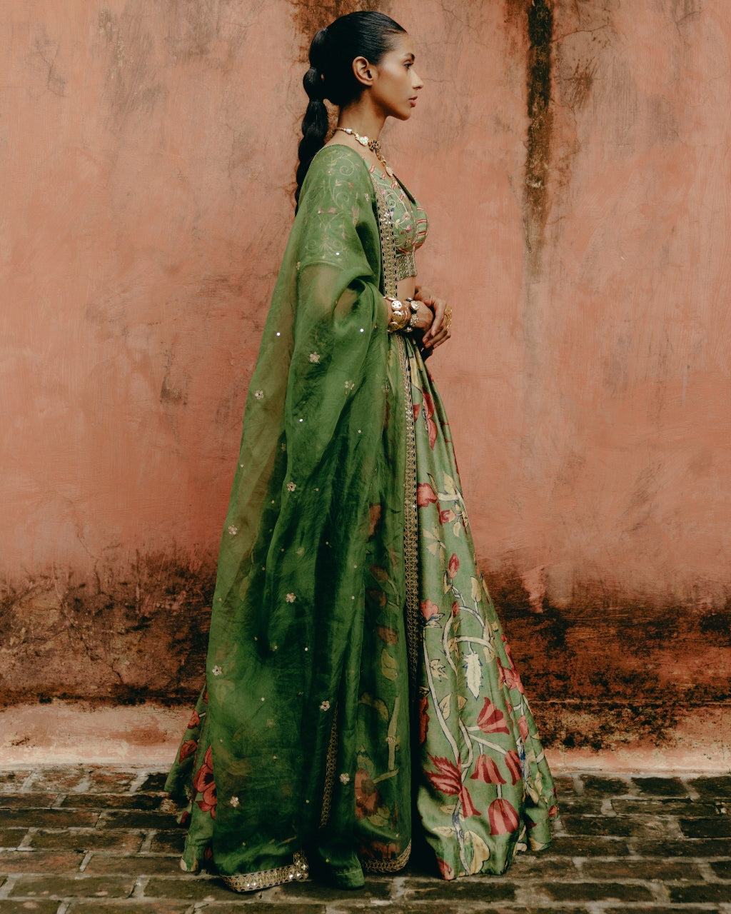 Green Printed Gathered Lehenga Set