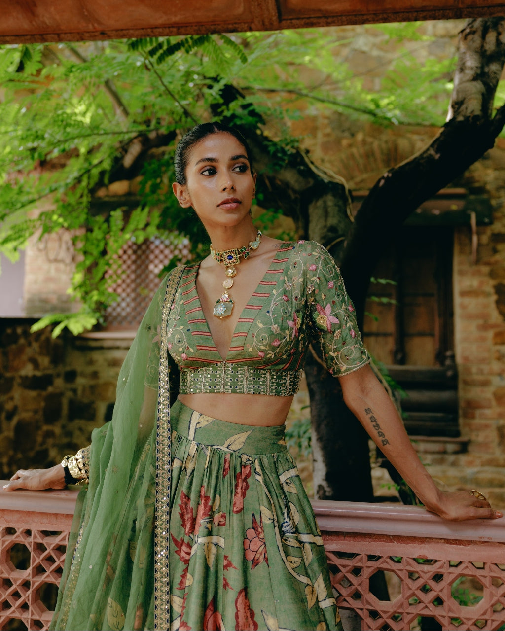 Green Printed Gathered Lehenga Set