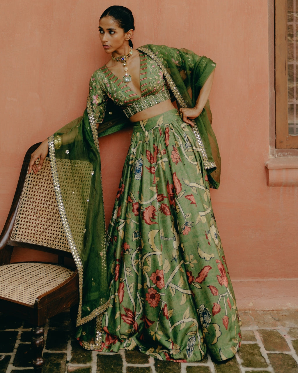 Green Printed Gathered Lehenga Set