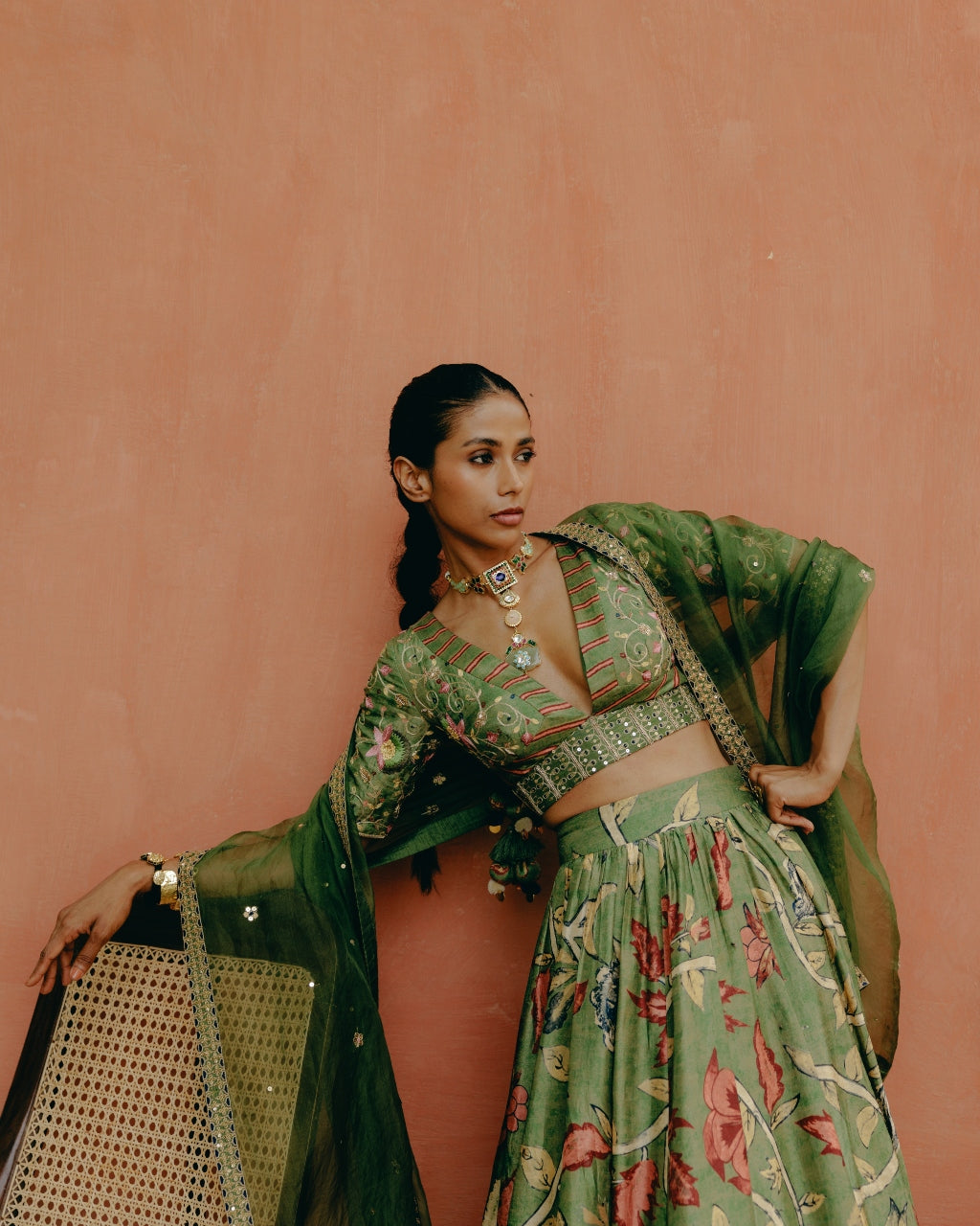 Green Printed Gathered Lehenga Set