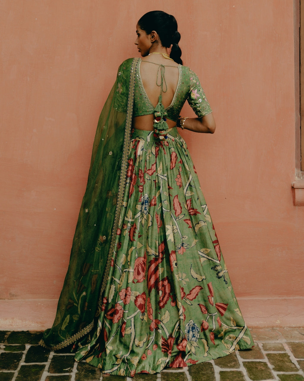 Green Printed Gathered Lehenga Set