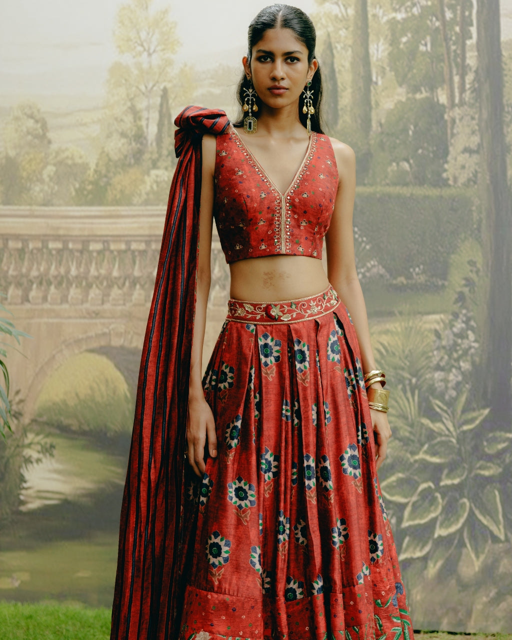 Red Box Pleat Panelled Lehenga Set