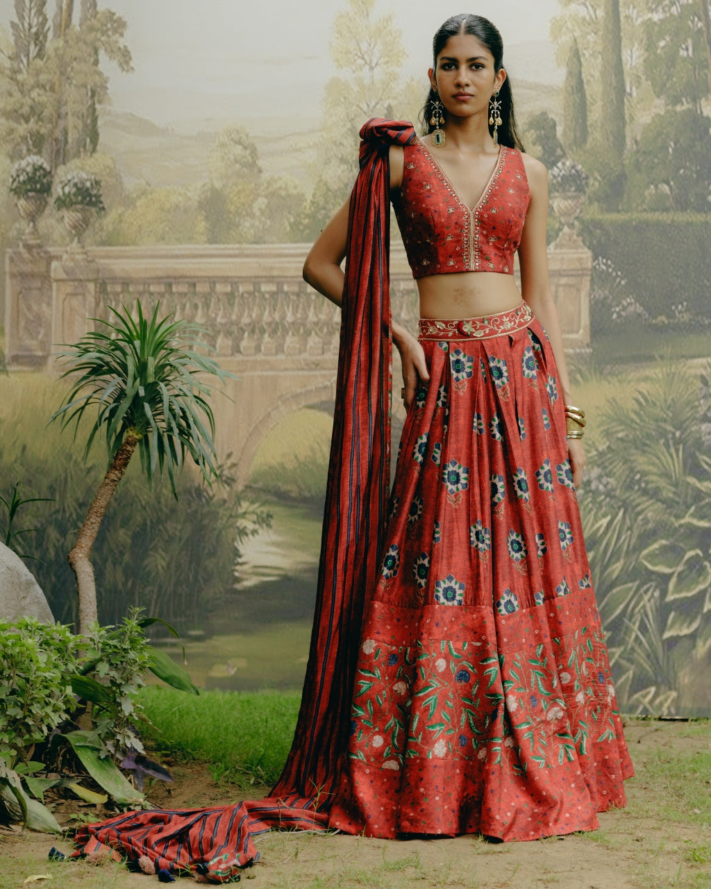 Red Box Pleat Panelled Lehenga Set