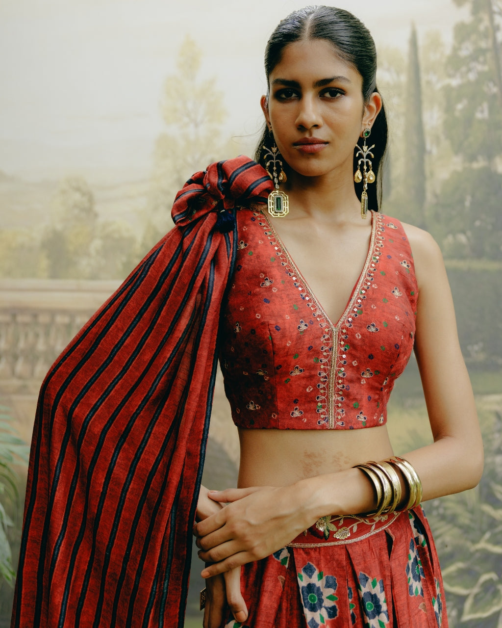 Red Box Pleat Panelled Lehenga Set