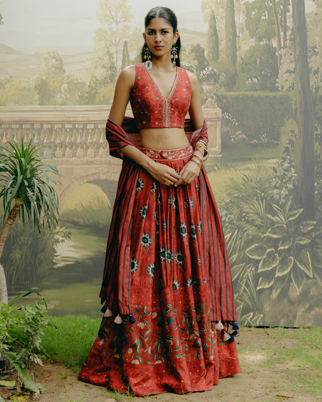 Red Box Pleat Panelled Lehenga Set