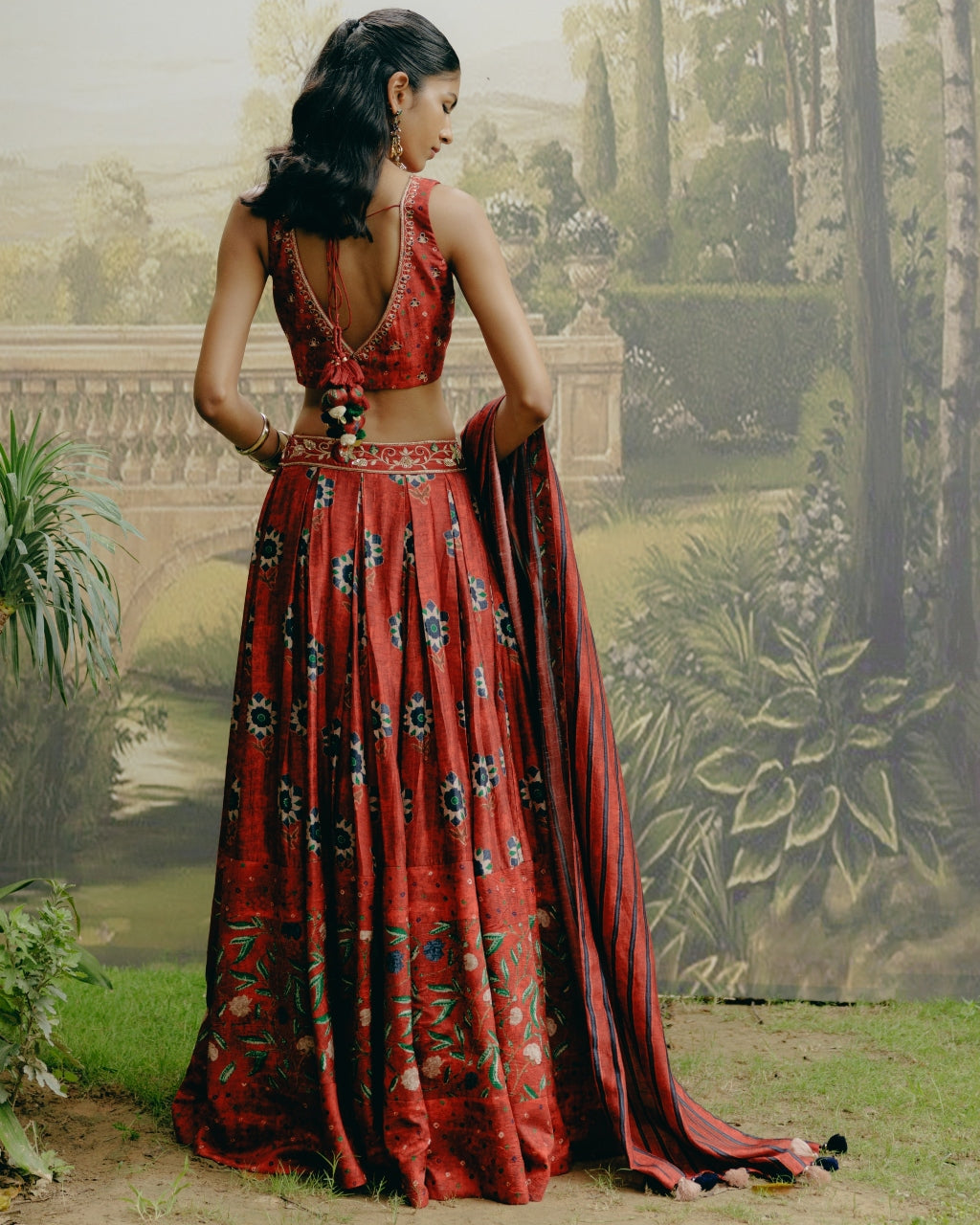 Red Box Pleat Panelled Lehenga Set