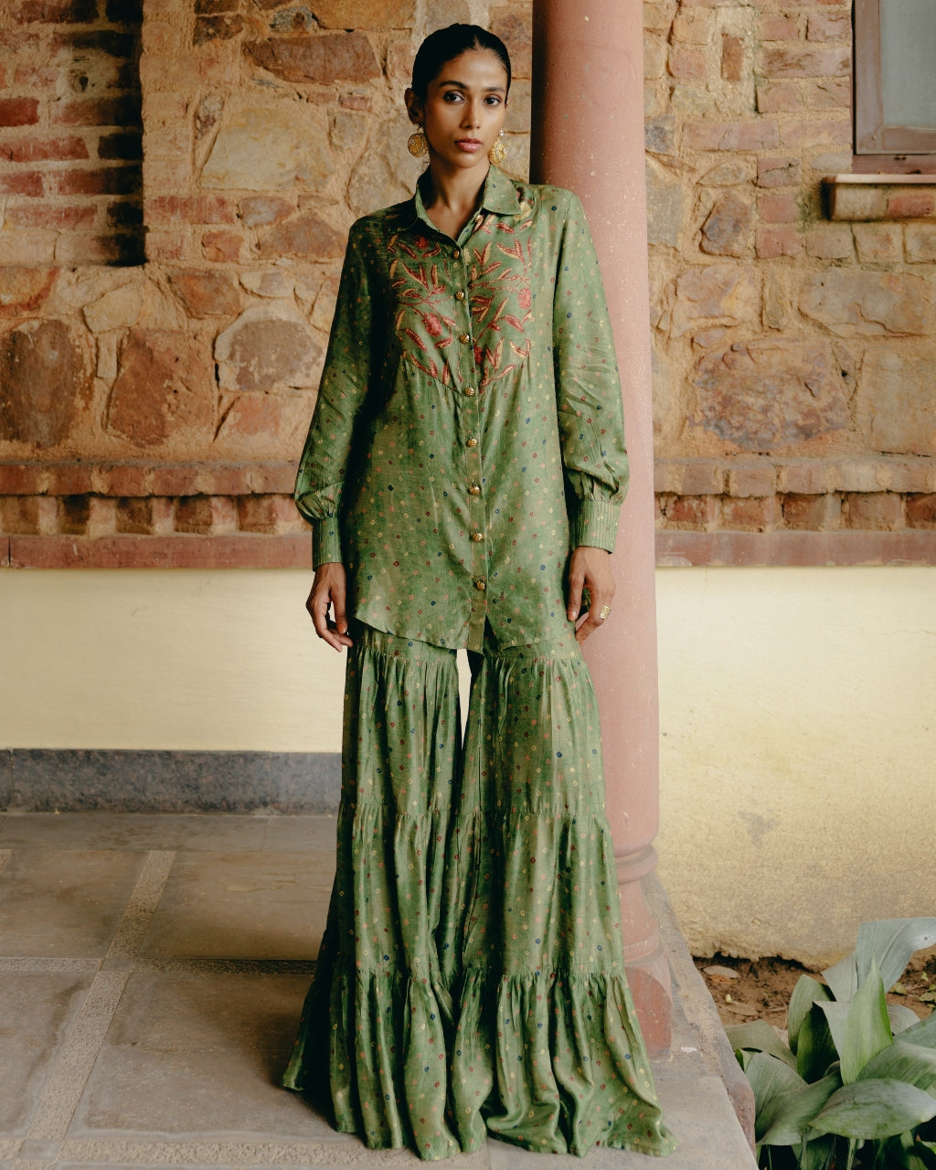 Green Mix Print Shirt & Gharara Set