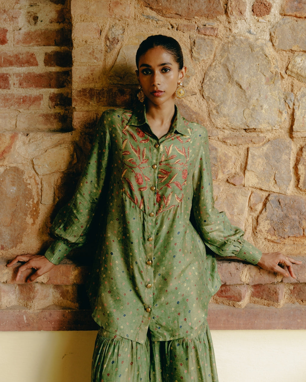 Green Mix Print Shirt & Gharara Set