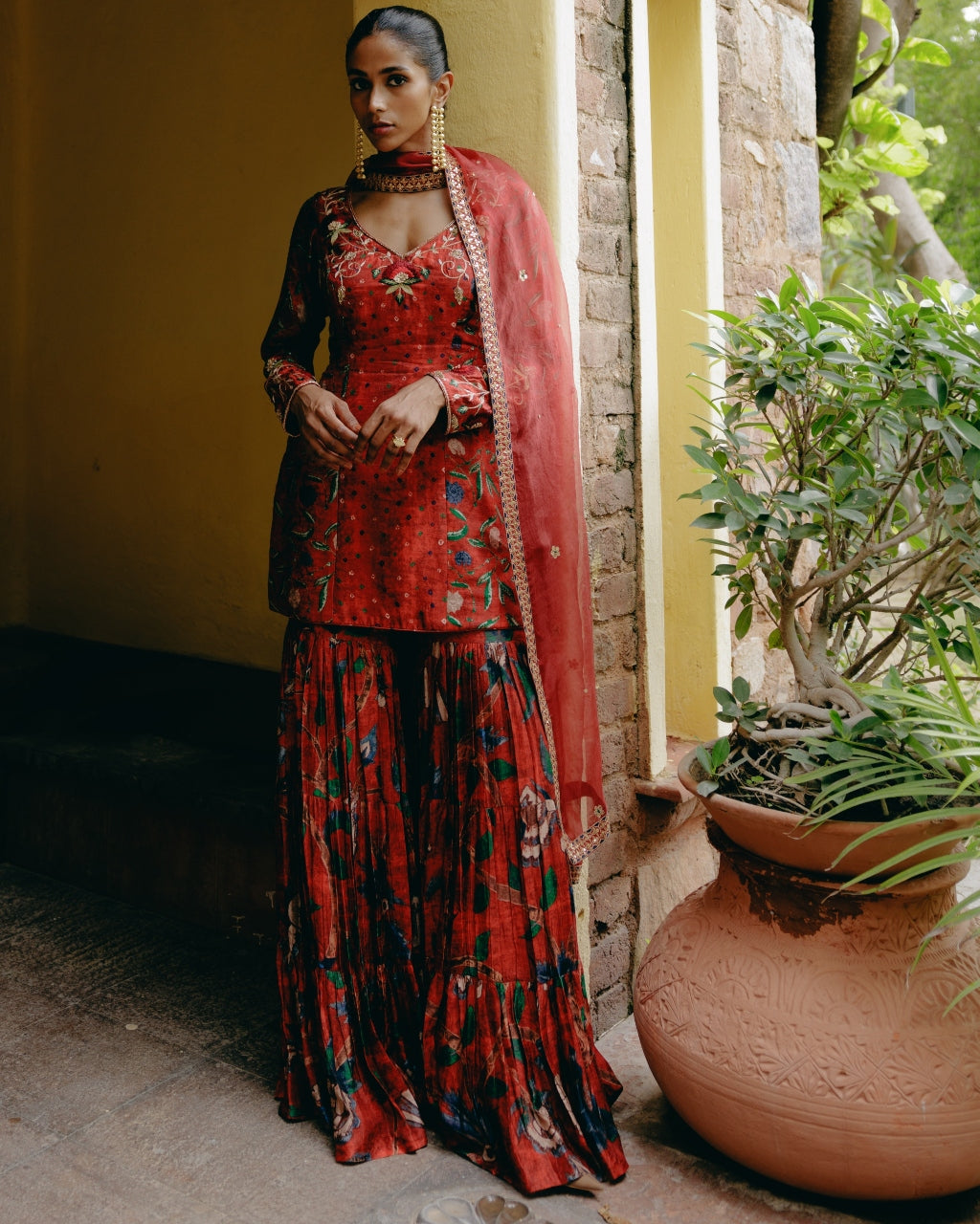 Red Mix Print Gharara Set