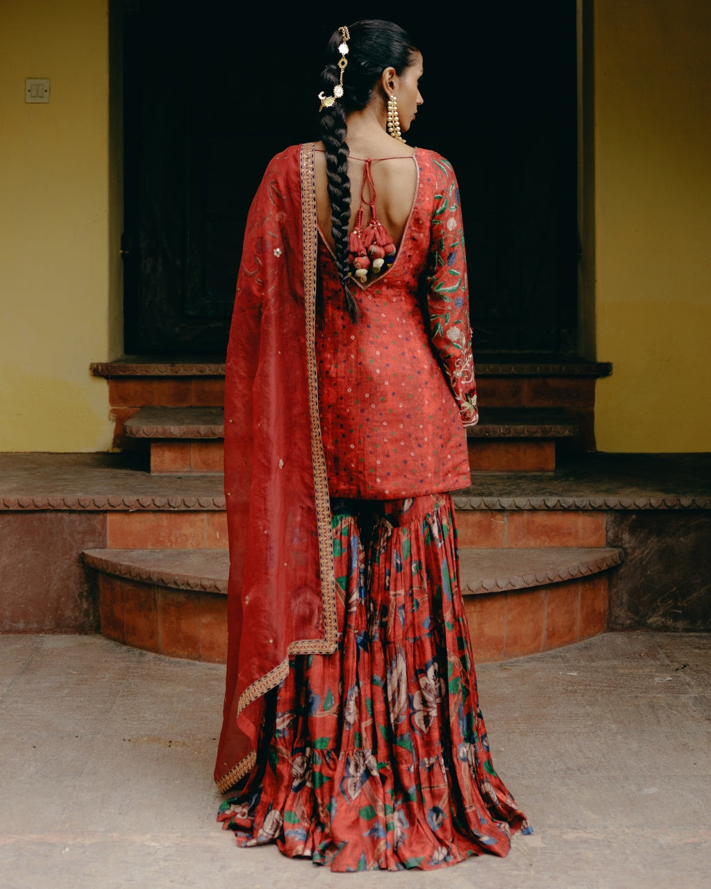 Red Mix Print Gharara Set