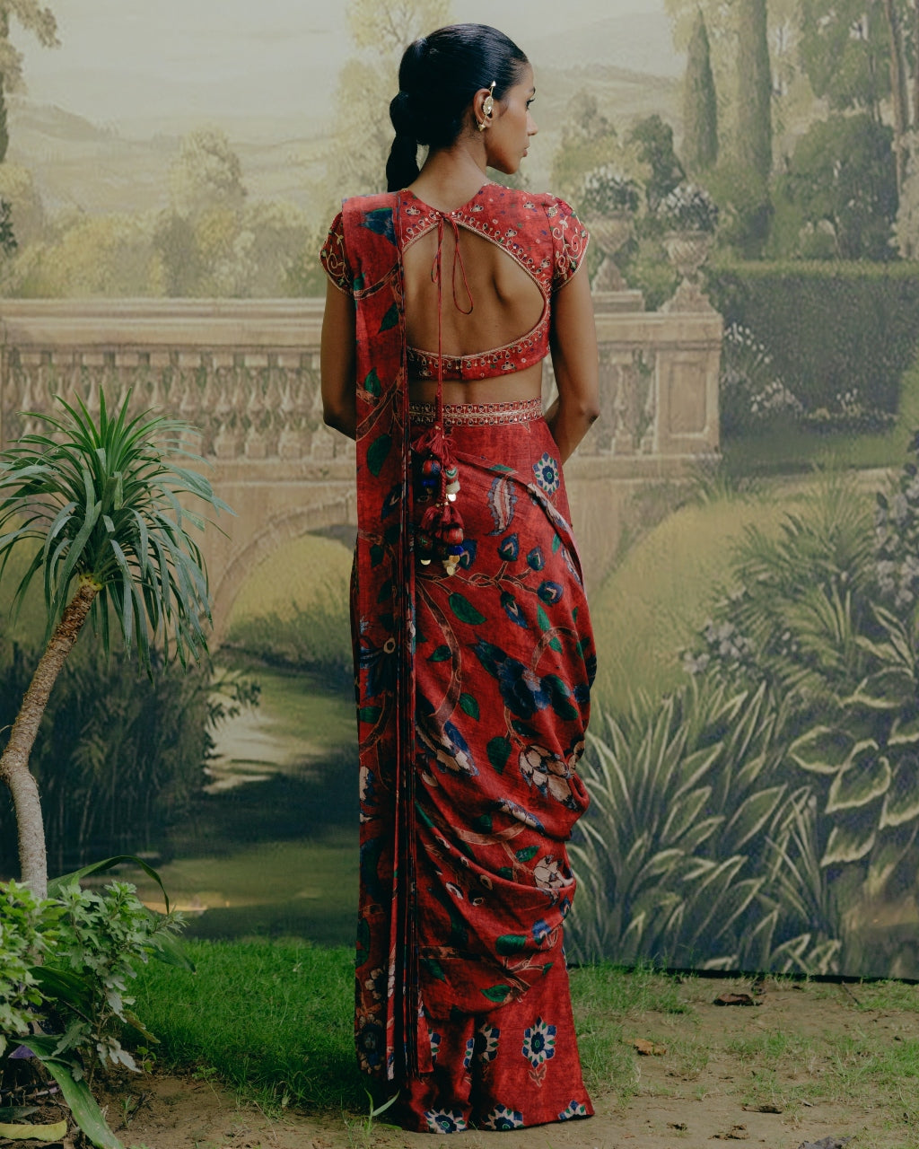 Red Mix Print Sari Set