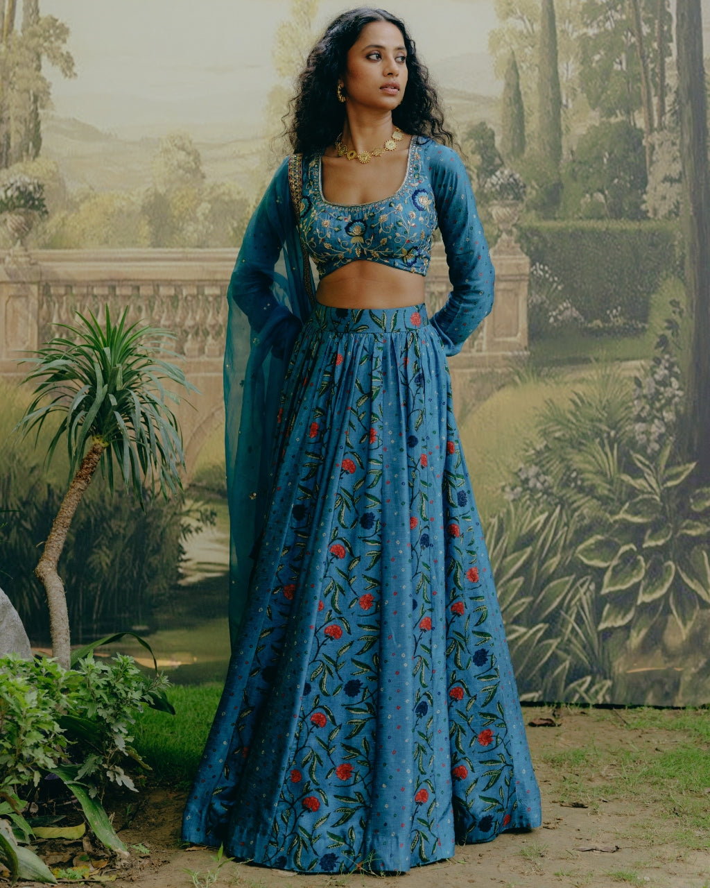 Blue Mix Print Panelled Lehenga Set