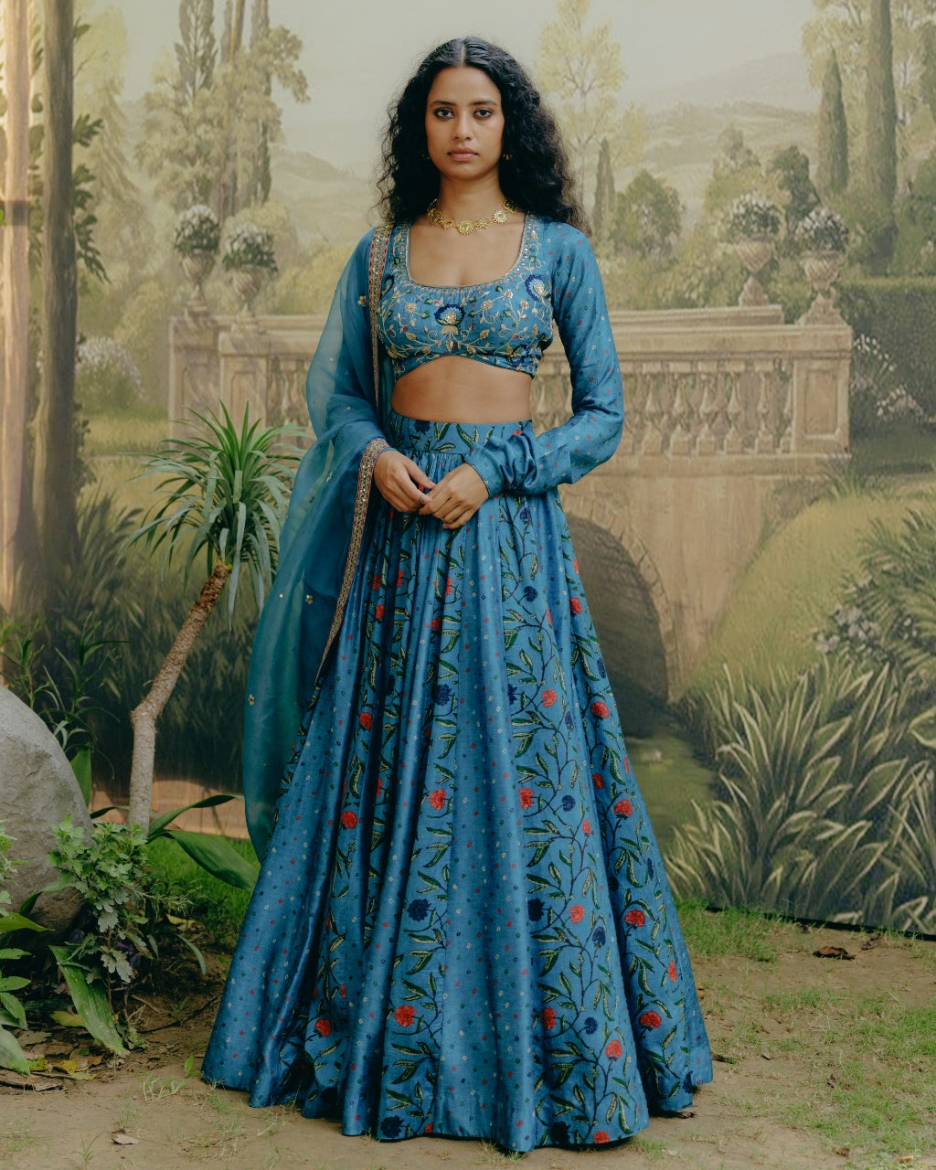 Blue Mix Print Panelled Lehenga Set