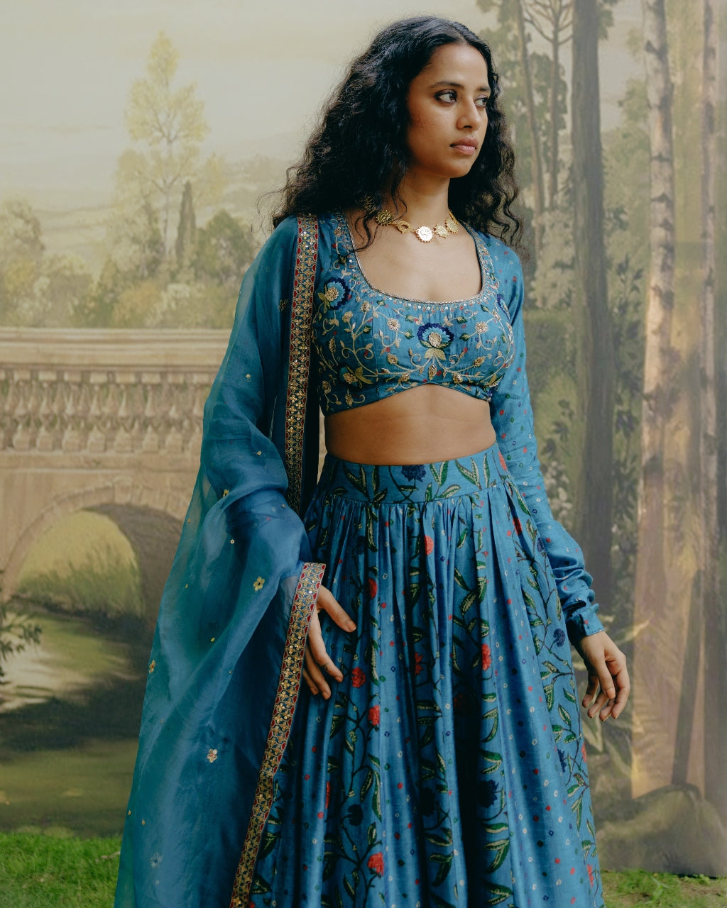 Blue Mix Print Paneled Lehenga Set