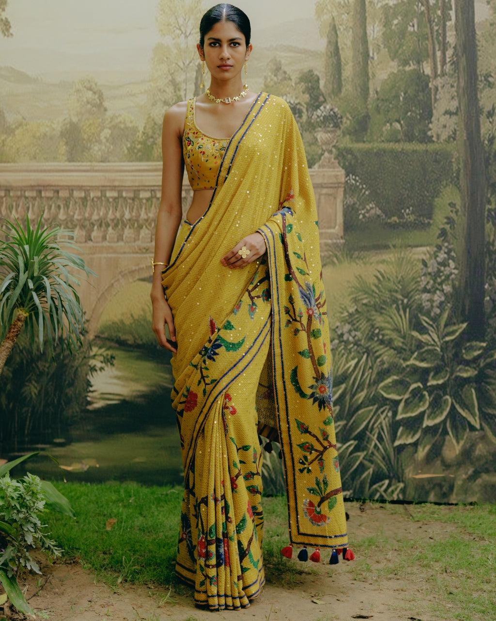 Yellow Placement Print Sari Set