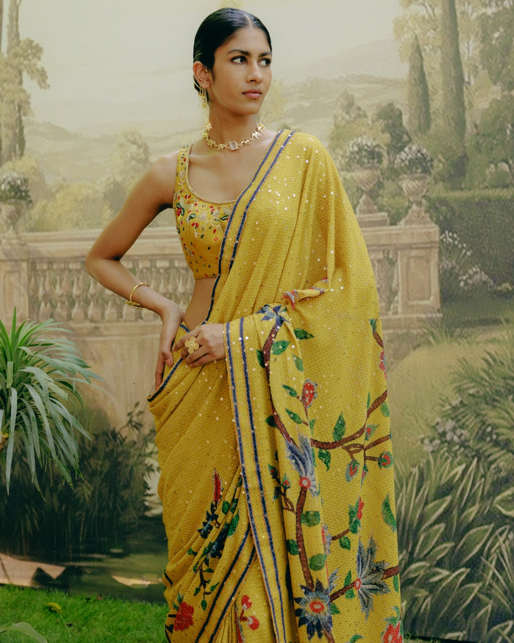 Yellow Placement Print Sari Set