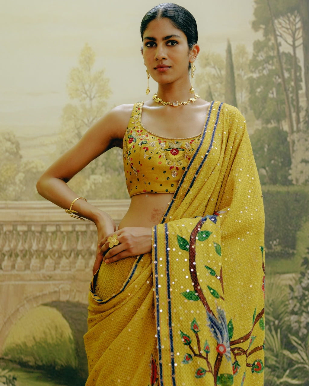 Yellow Placement Print Sari Set