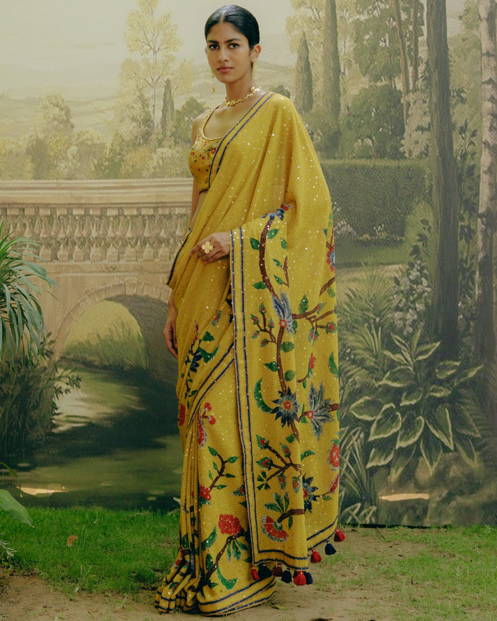 Yellow Placement Print Sari Set