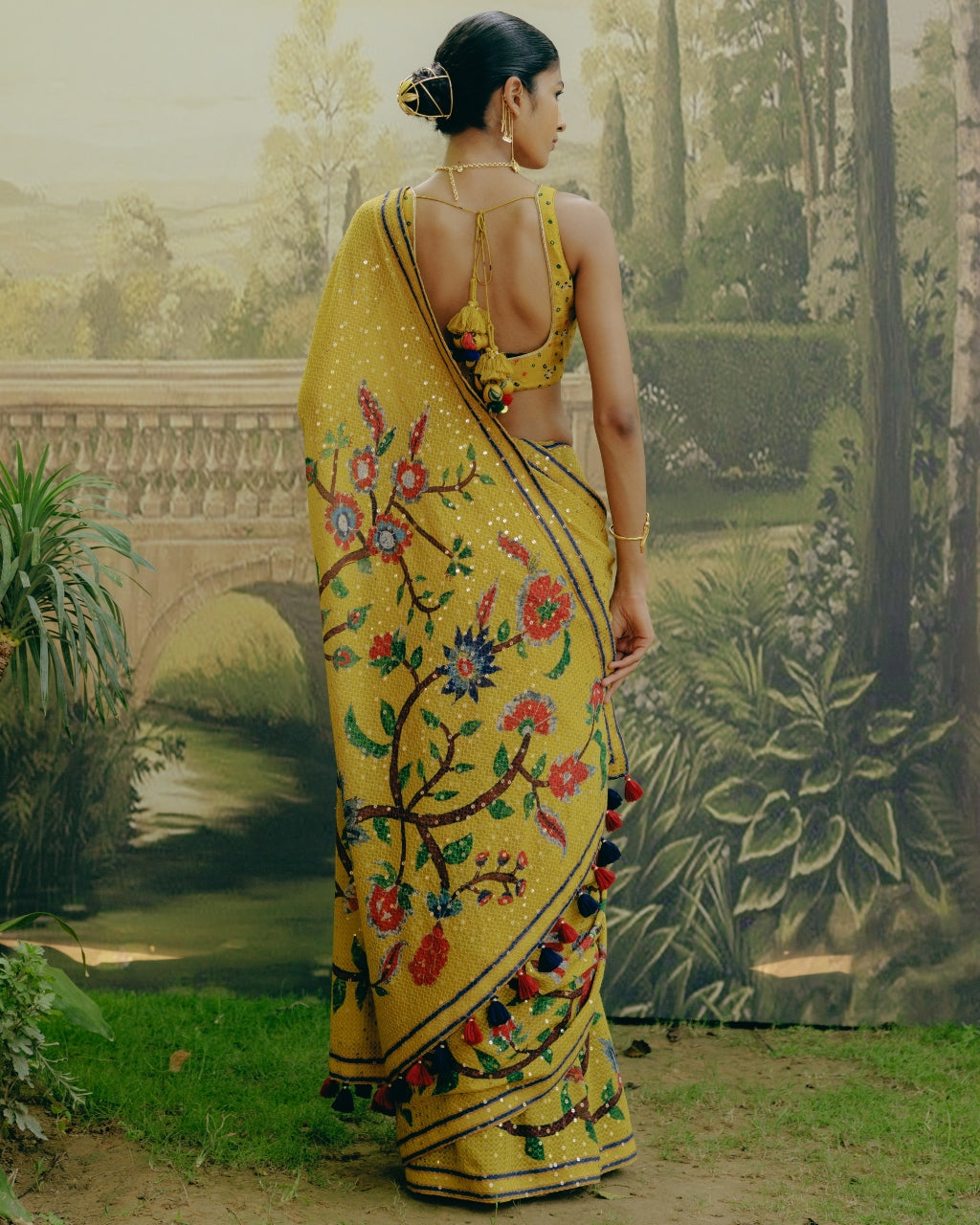 Yellow Placement Print Sari Set