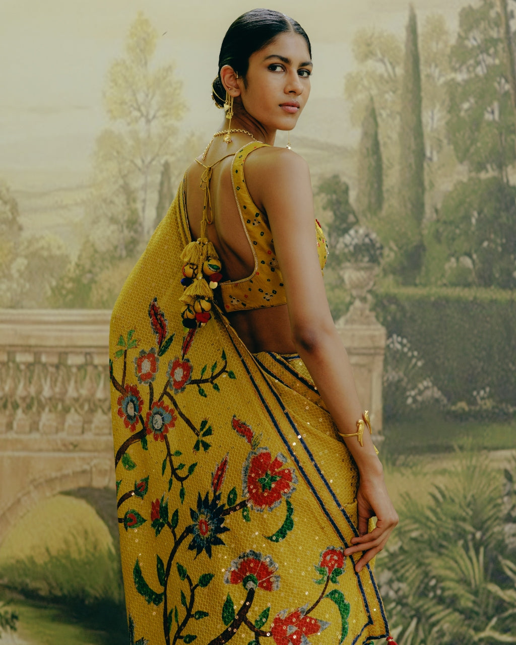 Yellow Placement Print Sari Set