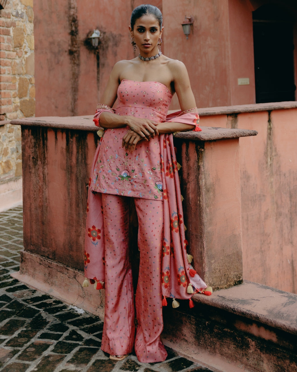 Pink Embroidered Peplum Set