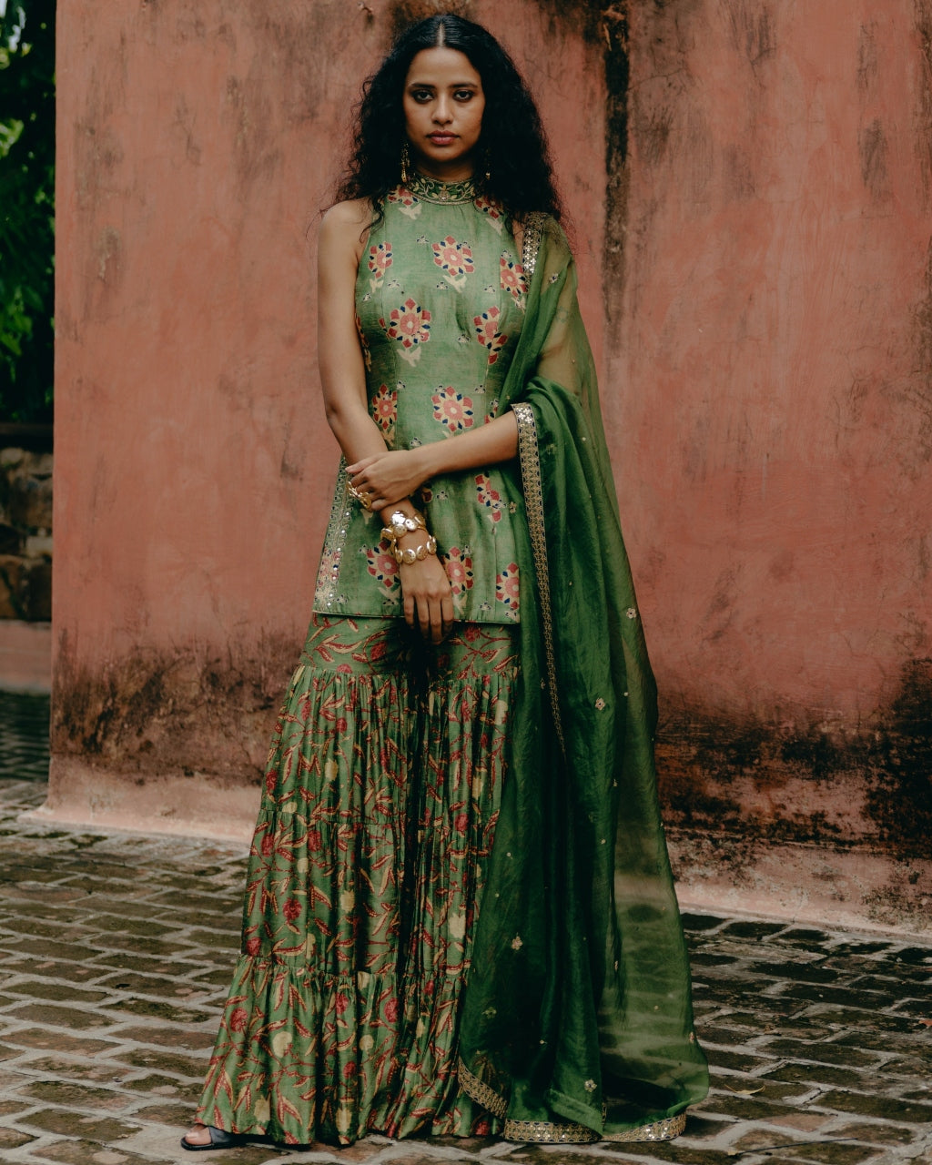 Green Printed & Embroidered Gharara Set