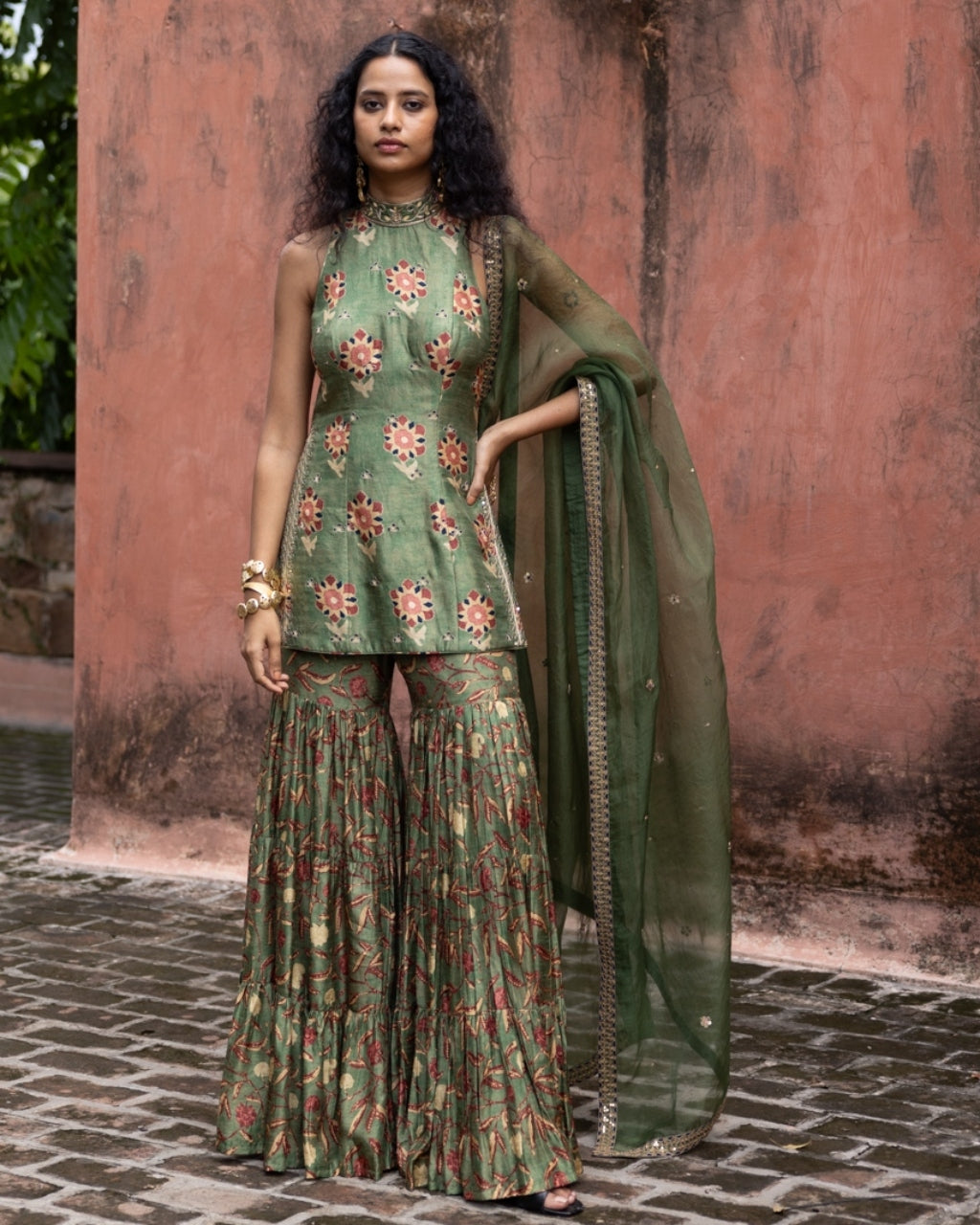 Green Printed & Embroidered Gharara Set