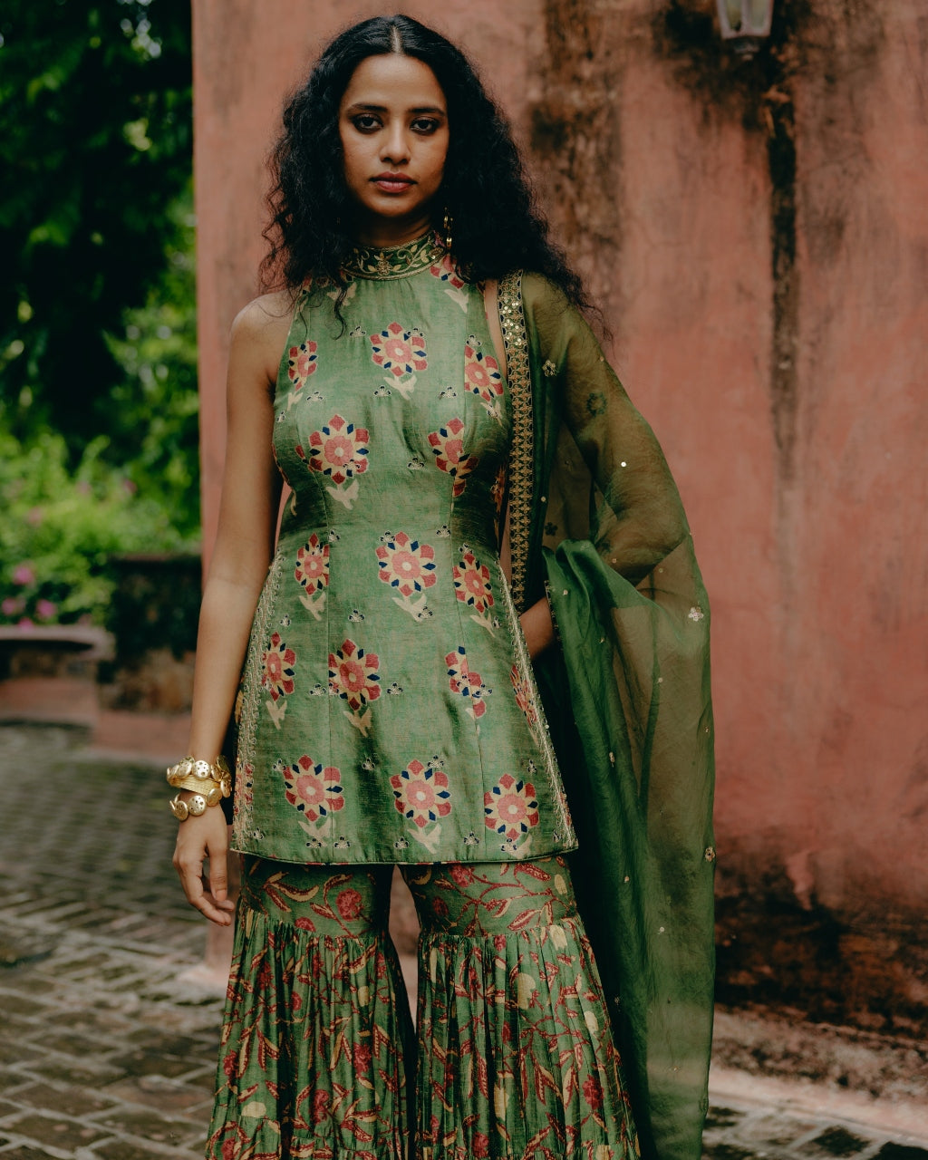 Green Printed & Embroidered Gharara Set