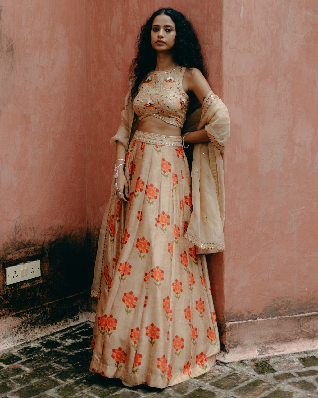 Beige Printed Kali Lehenga Set