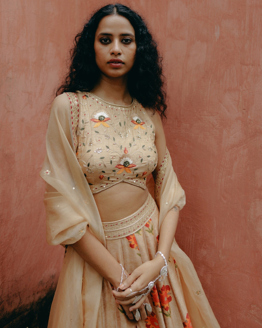 Beige Printed Kali Lehenga Set