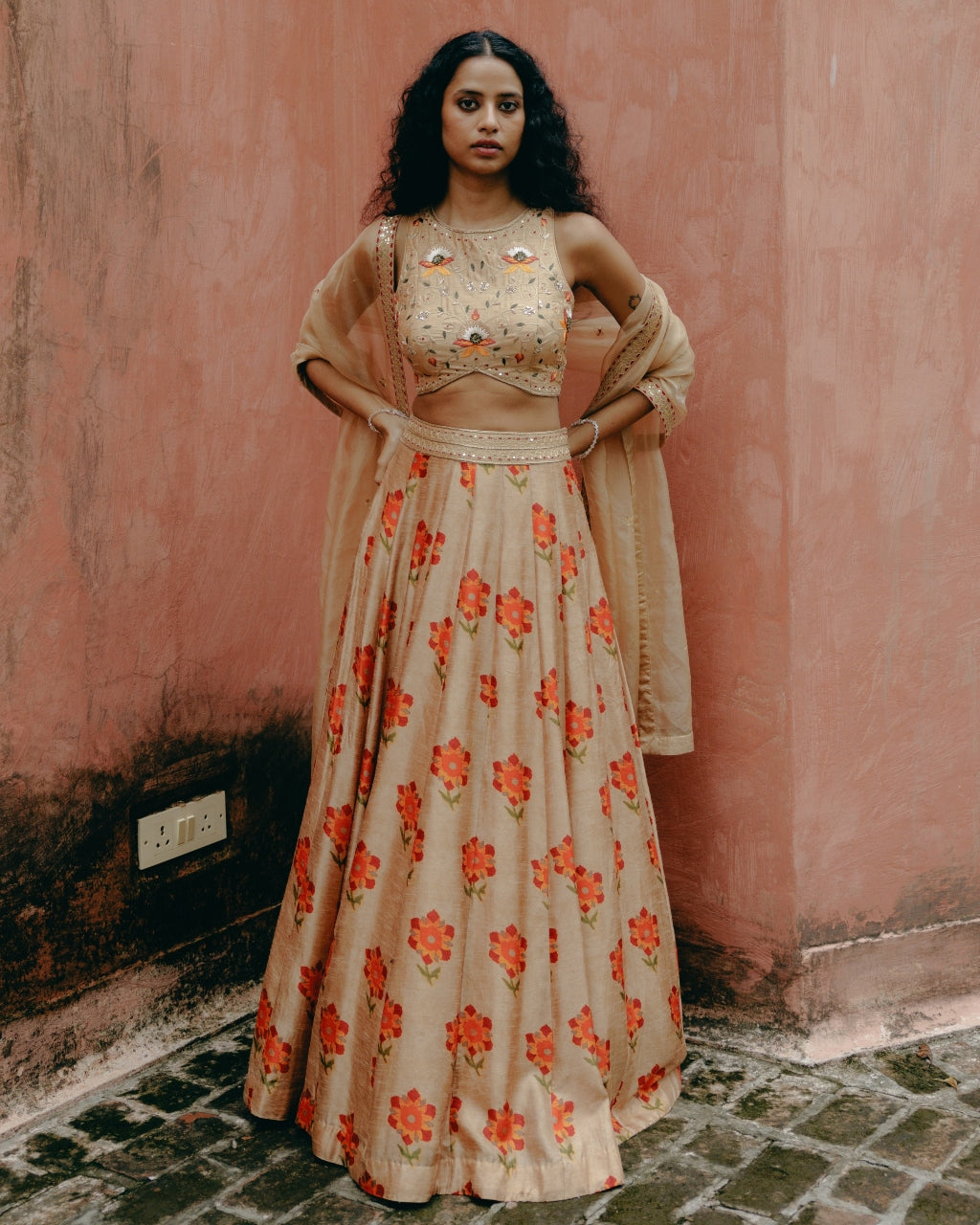 Beige Printed Kali Lehenga Set