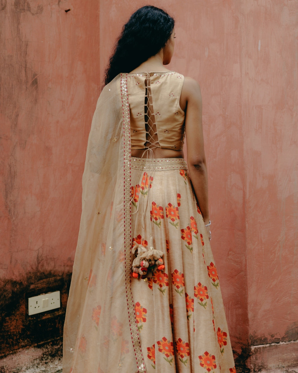 Beige Printed Kali Lehenga Set