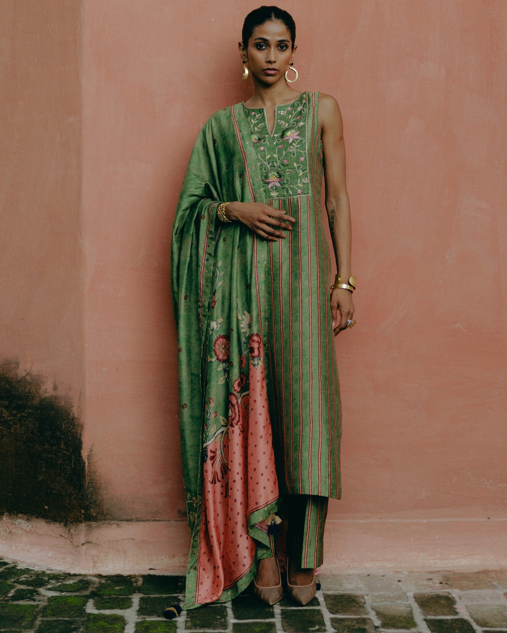 Green Printed Kurta With Ombre Dupatta Set