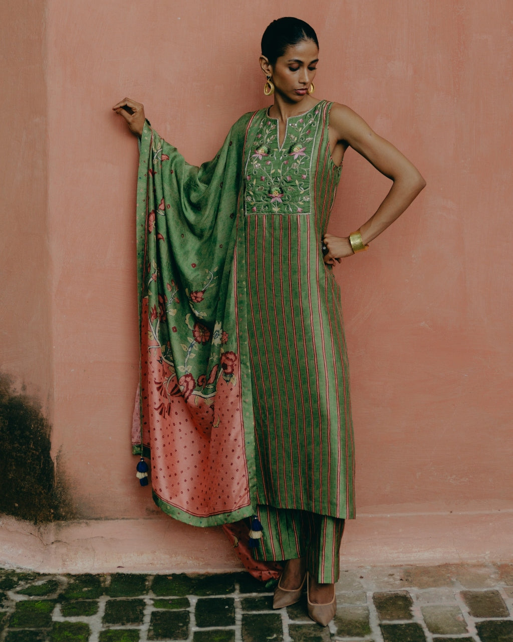 Green Printed Kurta With Ombre Dupatta Set