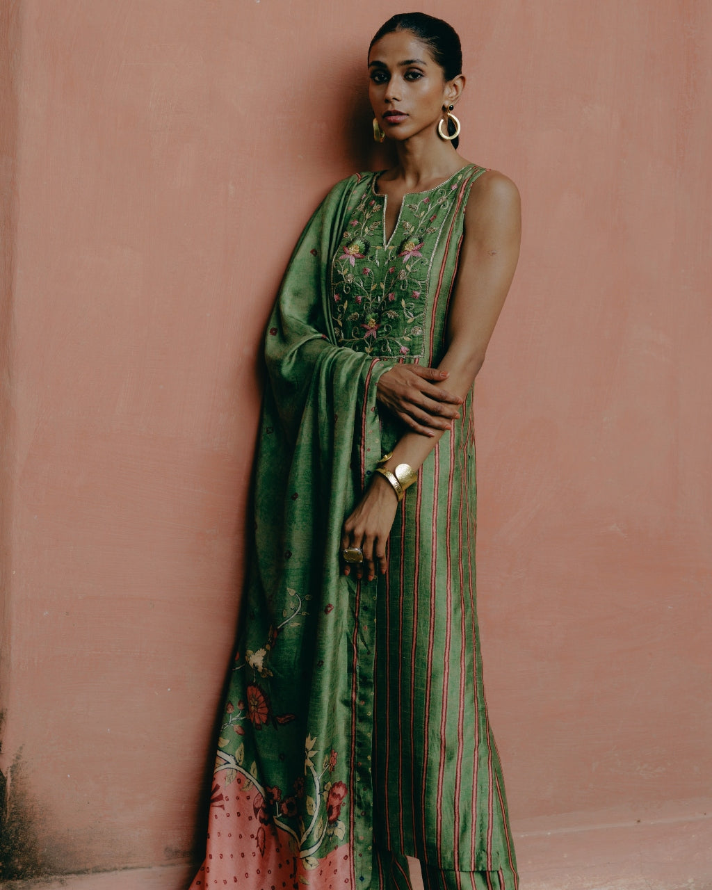 Green Printed Kurta With Ombre Dupatta Set