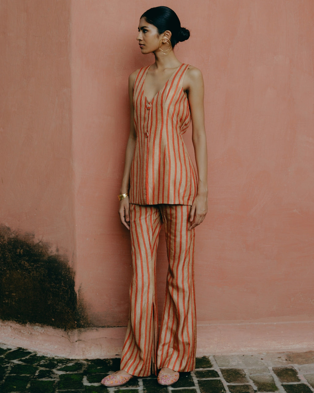 Beige Printed Pant Suit